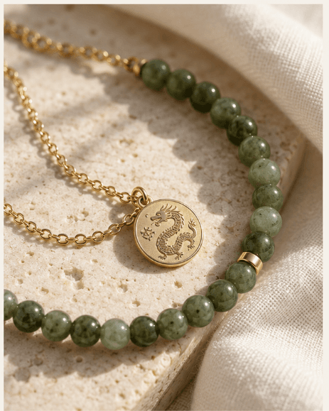 A gold Dragon medallion chain beside green stone beads in a close-up on pale stone and ivory linen.
